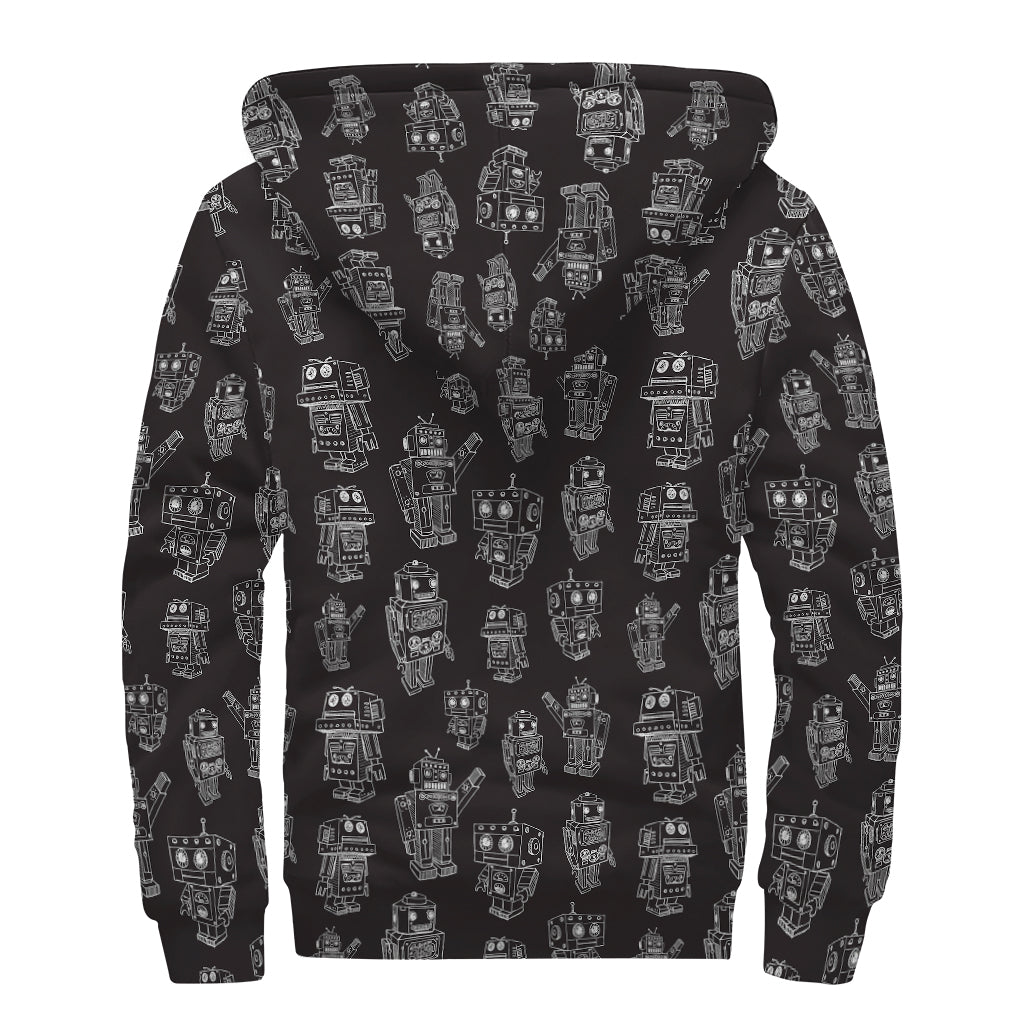 Groovy Black and White Robot Pattern Print Sherpa Lined Zip Up Hoodie for Cosmic Hippie Vibes - 2