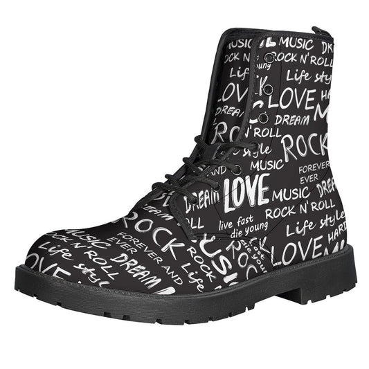 Groovy Black and White Rock 'n Roll Print Leather Boots for the Hippie Soul - 1