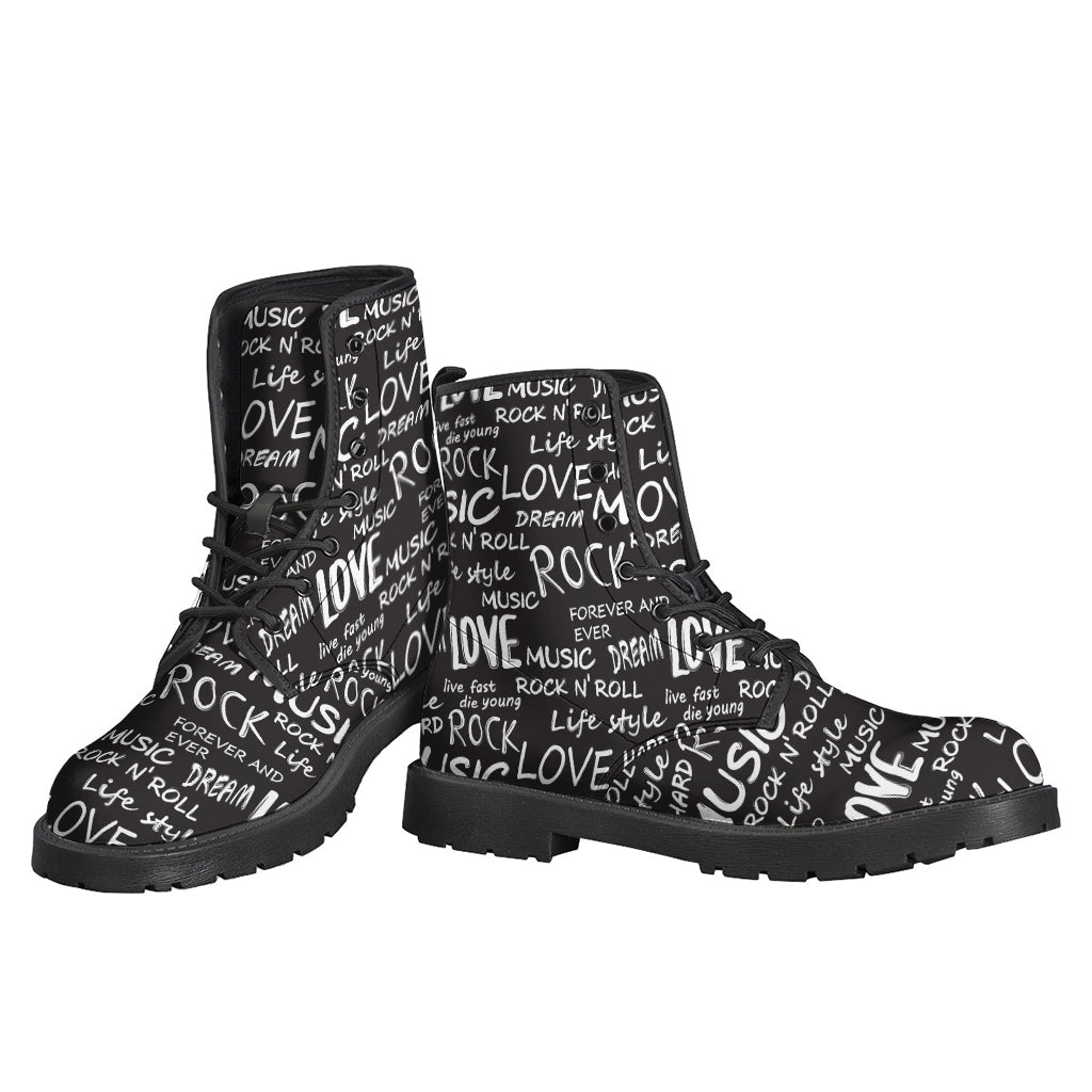 Groovy Black and White Rock 'n Roll Print Leather Boots for the Hippie Soul - 3