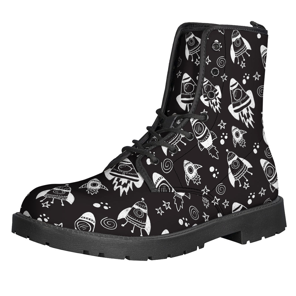 Black and White Rocket Pattern Leather Lightweight Boots for Free-Spirited Hippies - 1