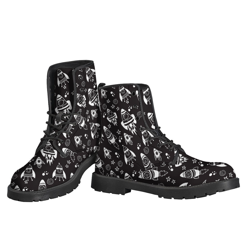 Black and White Rocket Pattern Leather Lightweight Boots for Free-Spirited Hippies - 3