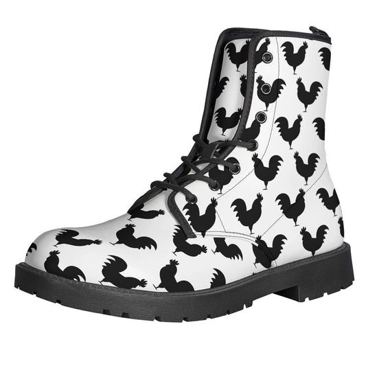 Boho Chic: Black and White Rooster Pattern Leather Lightweight Boots - 1