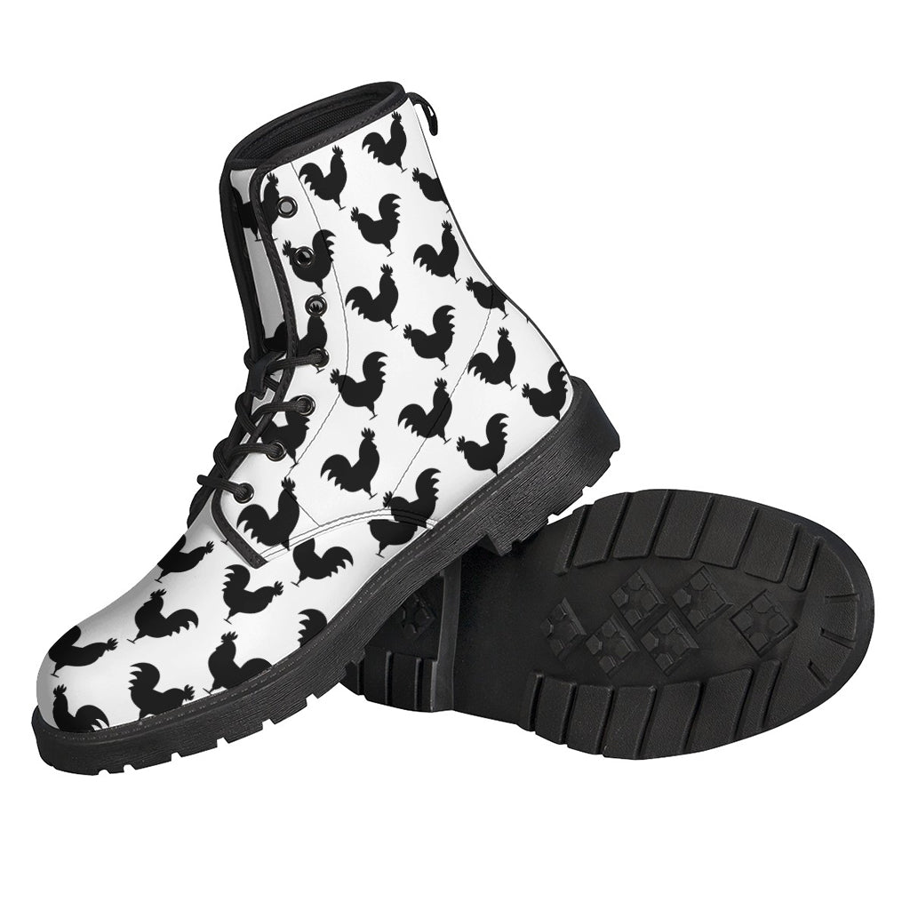 Boho Chic: Black and White Rooster Pattern Leather Lightweight Boots - 2