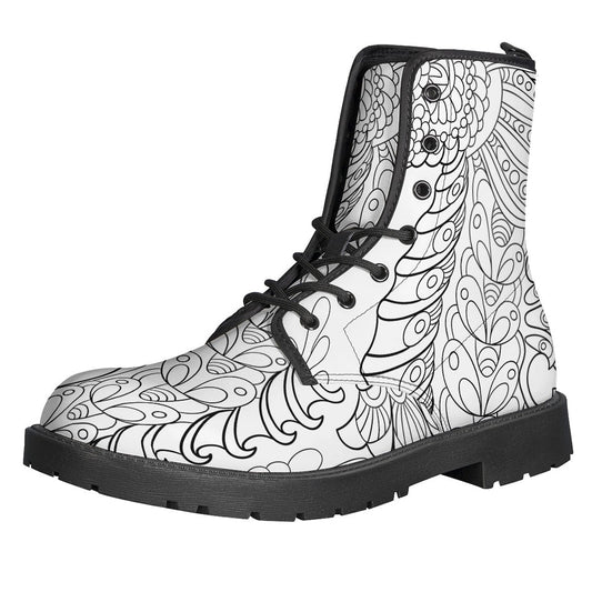 Boho Chic: Black and White Seahorse Print Leather Lightweight Boots for Hippies - 1