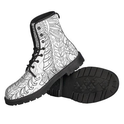 Boho Chic: Black and White Seahorse Print Leather Lightweight Boots for Hippies - 2