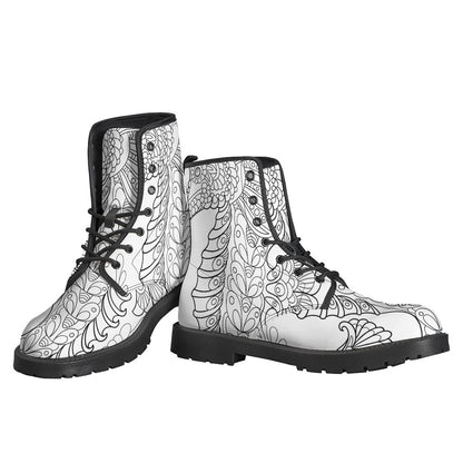 Boho Chic: Black and White Seahorse Print Leather Lightweight Boots for Hippies - 3