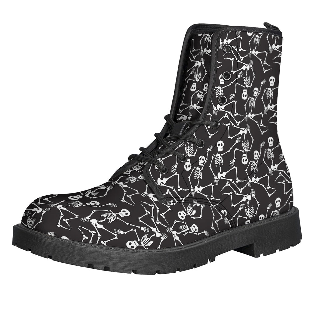 Rocking the Peace and Love Vibes with Black and White Skeleton Pattern Leather Boots - 1