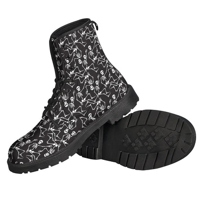 Rocking the Peace and Love Vibes with Black and White Skeleton Pattern Leather Boots - 2