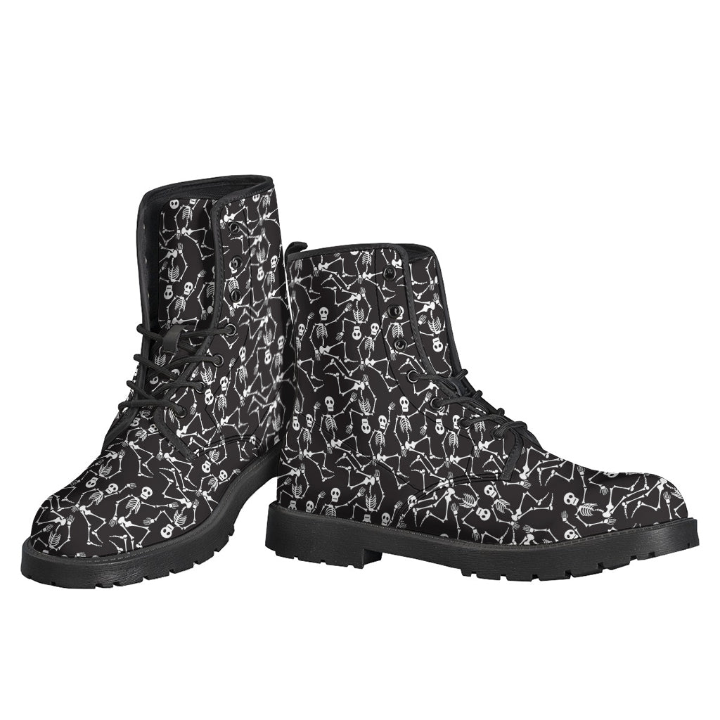 Rocking the Peace and Love Vibes with Black and White Skeleton Pattern Leather Boots - 3