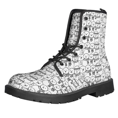 Groovy Black and White Snowman Pattern Leather Boots for Stylish Hippies - 1