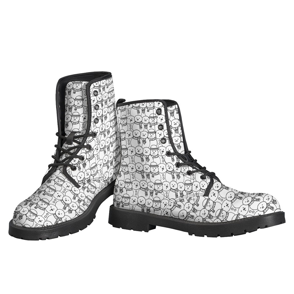 Groovy Black and White Snowman Pattern Leather Boots for Stylish Hippies - 3