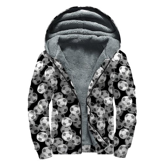 Groovy Black and White Soccer Ball Print Sherpa Lined Zip Up Hoodie for Stylish Hippies - 1