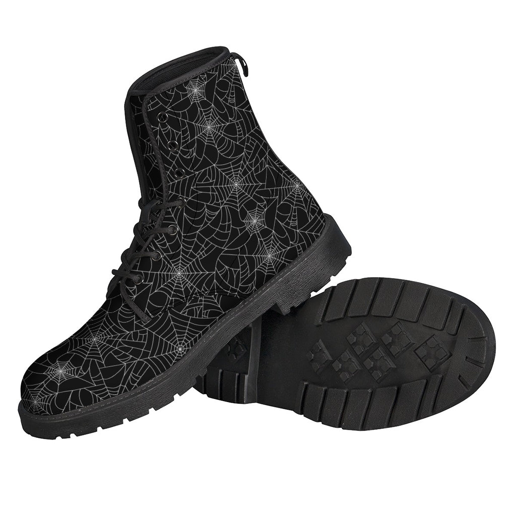 Peaceful Vibes: Black and White Spider Web Pattern Leather Lightweight Boots for Hippies - 2