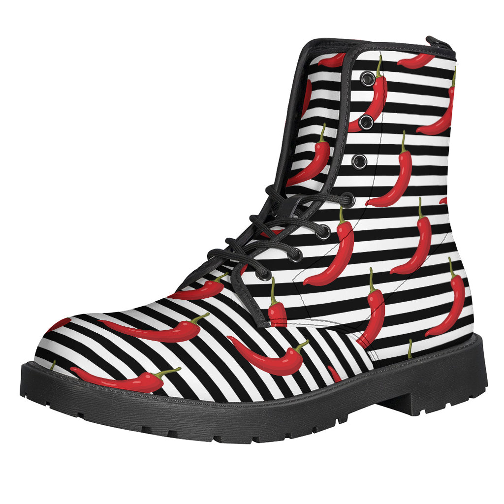 Groovy Vibes: Black and White Striped Chili Print Leather Boots for the Free-Spirited Hippie - 1