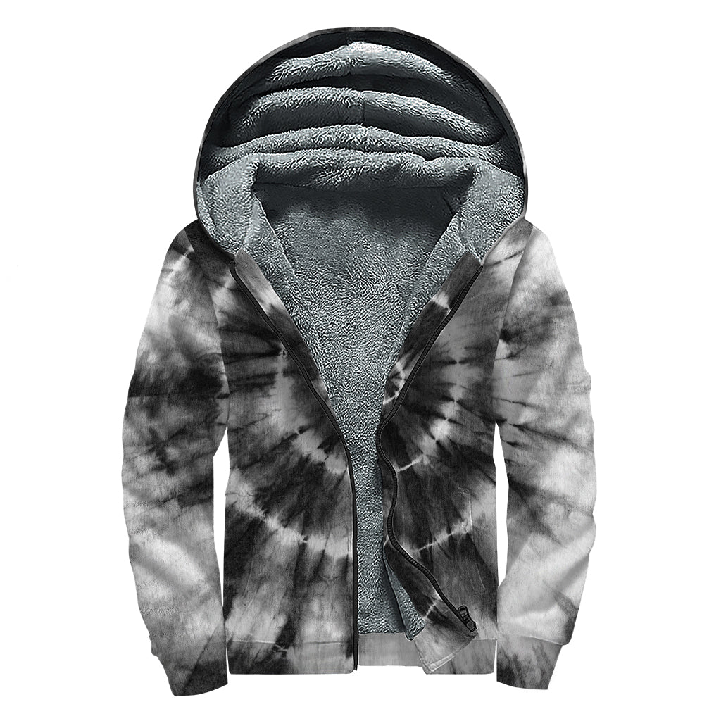 Groovy Vibes: Black and White Tie-Dye Sherpa Lined Zip Up Hoodie - 1