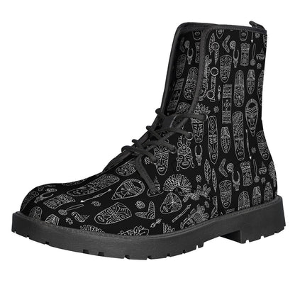 Boho Chic: Black and White Totem Pattern Leather Boots for Trendy Hippies - 1