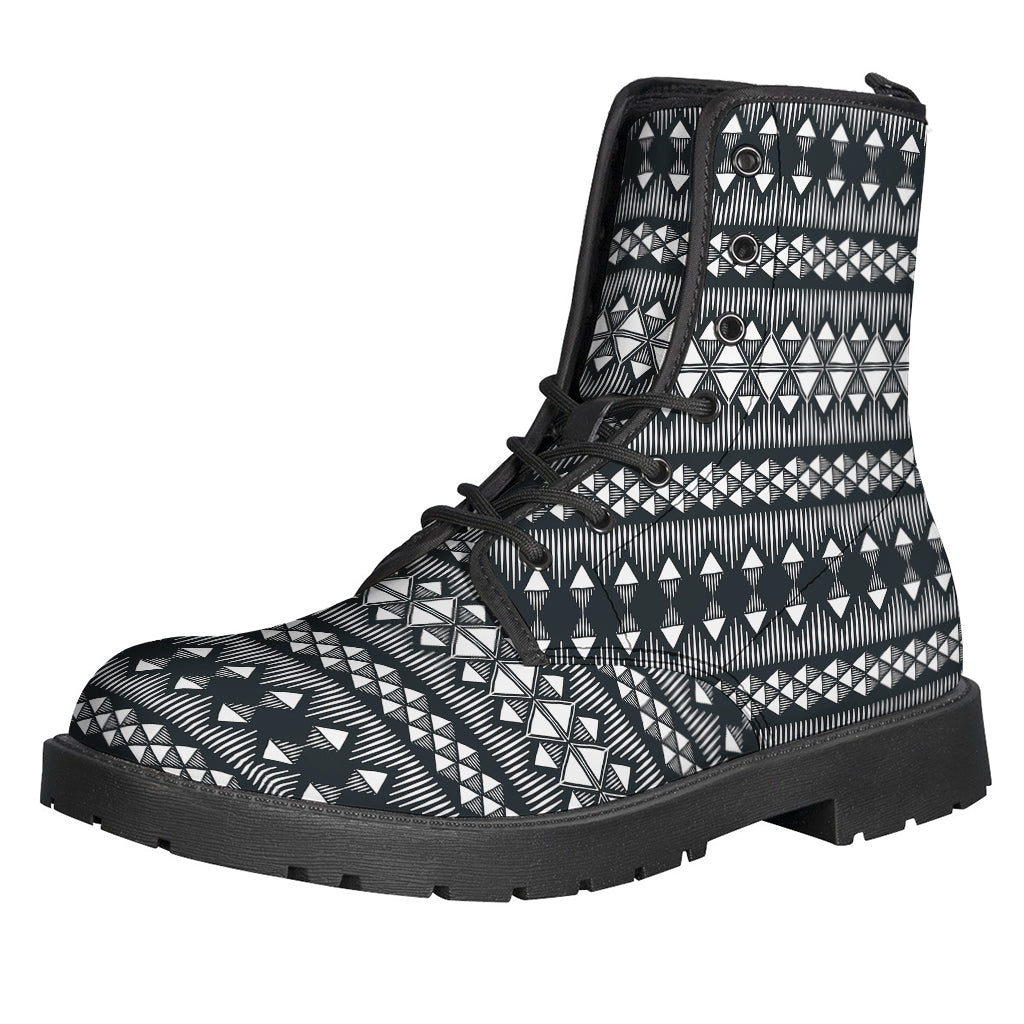 Groovy Vibes: Black and White Tribal Geometric Print Leather Boots for Hippies - 1