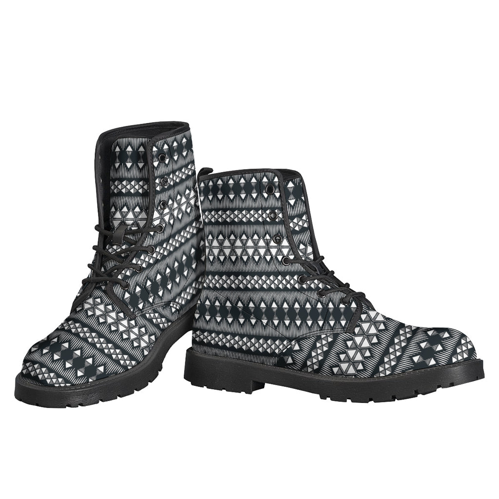 Groovy Vibes: Black and White Tribal Geometric Print Leather Boots for Hippies - 3