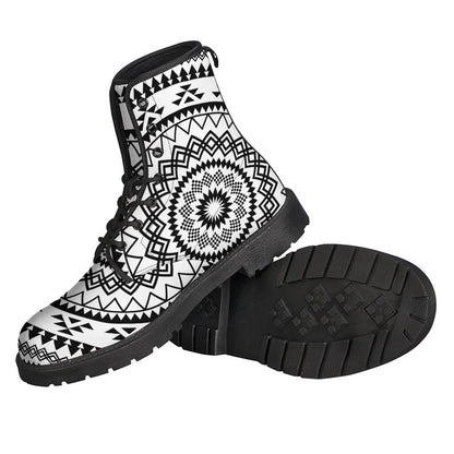 Boho Chic: Black and White Tribal Mandala Print Leather Lightweight Boots for the Hippie Soul - 2