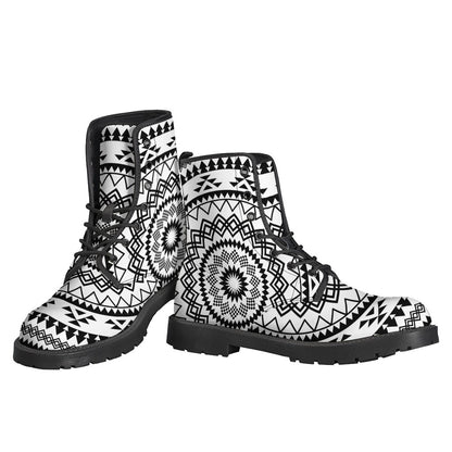 Boho Chic: Black and White Tribal Mandala Print Leather Lightweight Boots for the Hippie Soul - 3