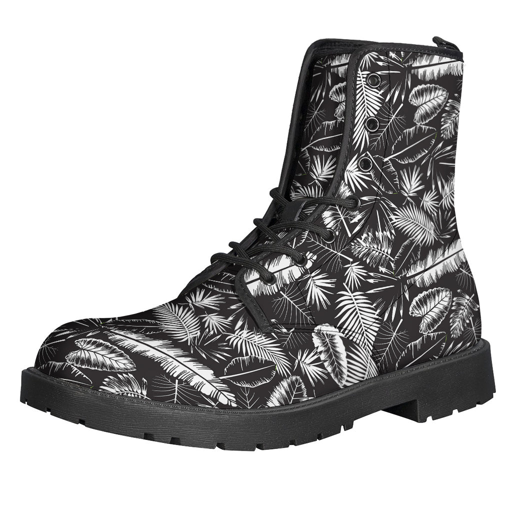 Boho Vibes: Black and White Tropical Palm Leaf Leather Boots for Hippies - 1