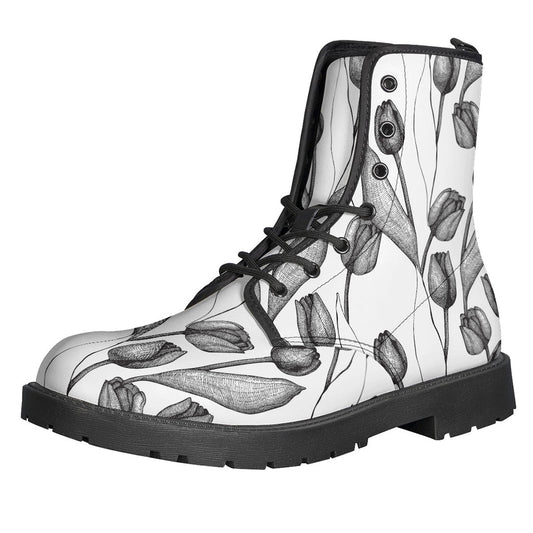 Boho Chic: Black and White Tulip Pattern Leather Lightweight Boots - 1