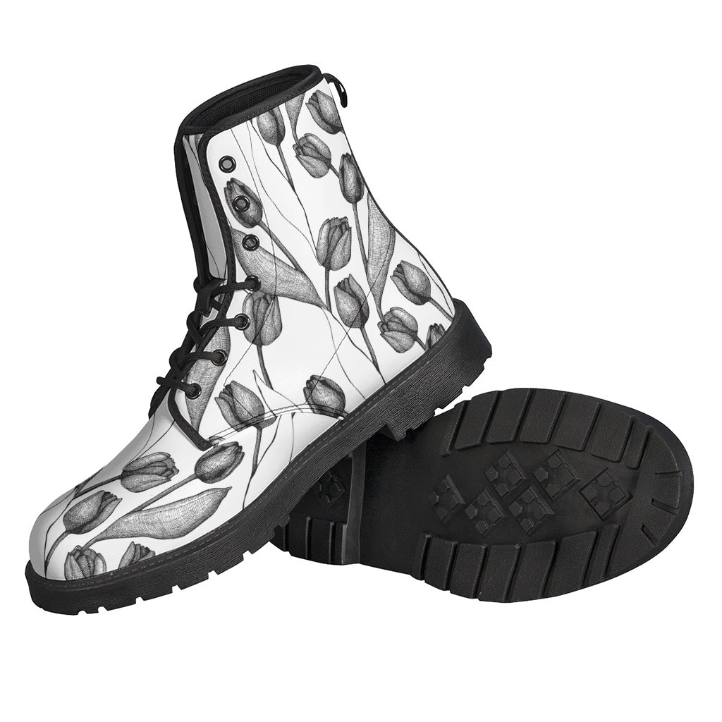 Boho Chic: Black and White Tulip Pattern Leather Lightweight Boots - 2