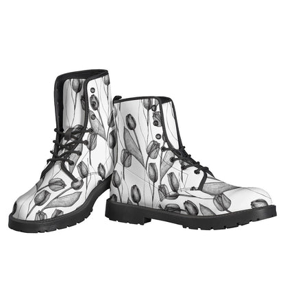 Boho Chic: Black and White Tulip Pattern Leather Lightweight Boots - 3