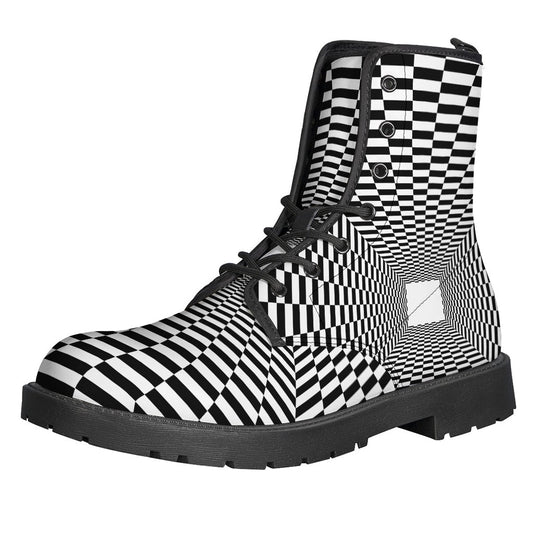 Groovy Leather Boots: Black and White Tunnel Illusion Print for the Modern Hippie - 1