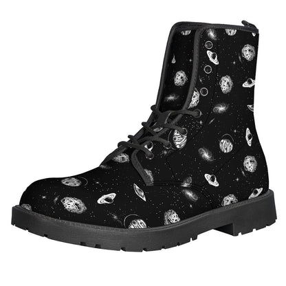 Get Groovy with Black and White UFO Pattern Leather Boots for Hippies - 1