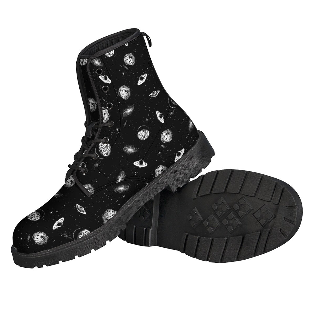 Get Groovy with Black and White UFO Pattern Leather Boots for Hippies - 2