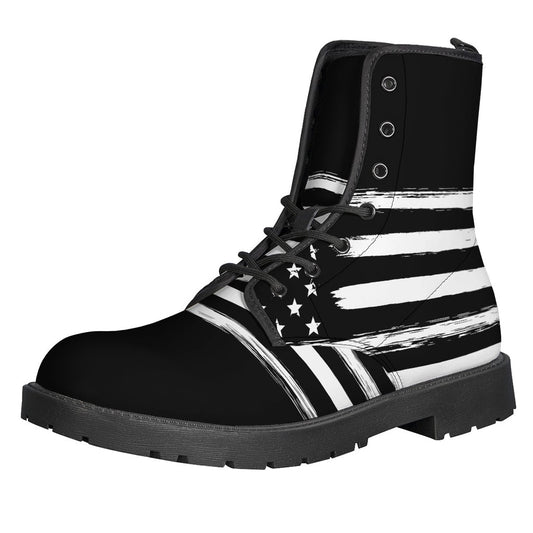 Boho Chic: Black and White USA Flag Leather Lightweight Boots for Peaceful Hippies - 1