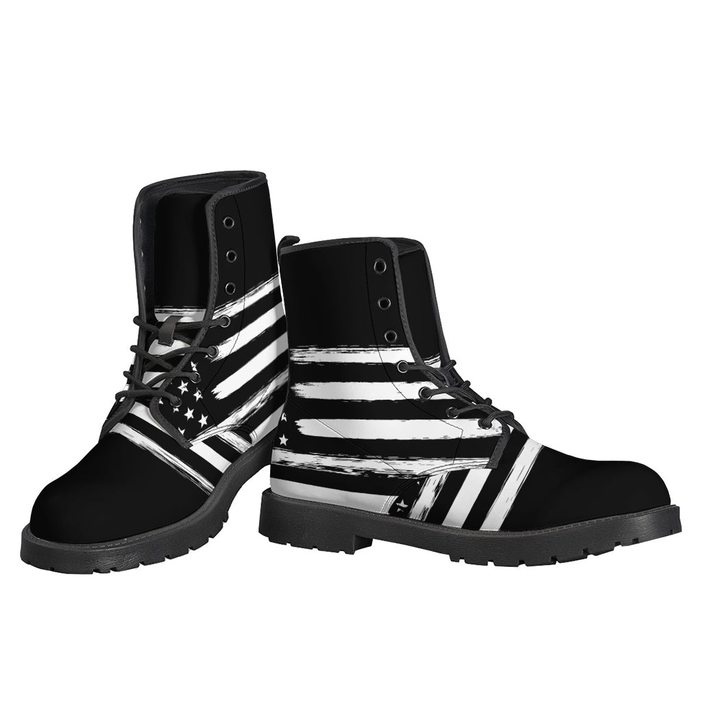 Boho Chic: Black and White USA Flag Leather Lightweight Boots for Peaceful Hippies - 3