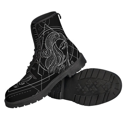 Far-Out Vibes: Black and White Virgo Sign Leather Lightweight Boots for the Groovy Hippie - 2