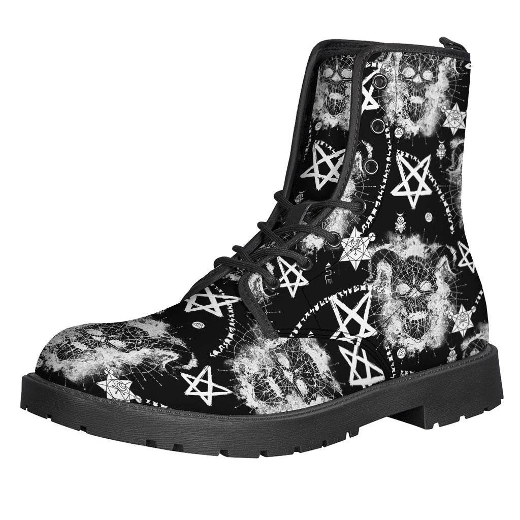 Groovy Boho Chic: Black and White Wicca Devil Skull Print Leather Boots - 1