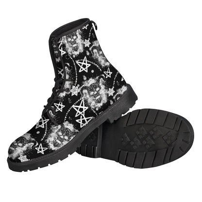 Groovy Boho Chic: Black and White Wicca Devil Skull Print Leather Boots - 2