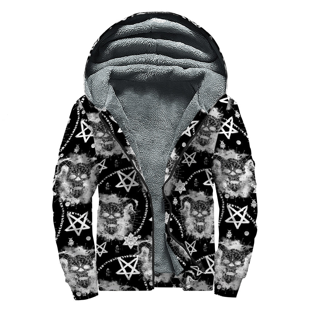 Black and White Wicca Devil Skull Sherpa Lined Zip Up Hoodie for the Wild-Hearted Hippies - 1