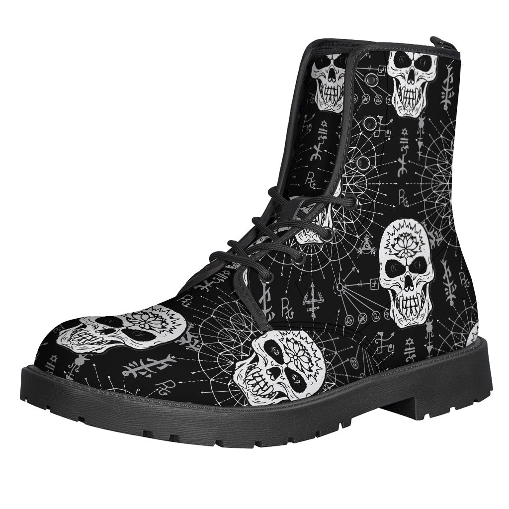 Black and White Wicca Evil Skull Print Leather Lightweight Boots: Embrace Your Inner Hippie Style - 1