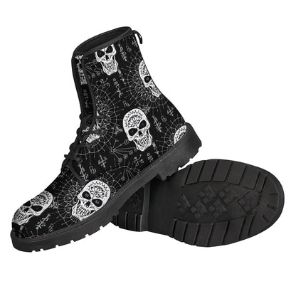 Black and White Wicca Evil Skull Print Leather Lightweight Boots: Embrace Your Inner Hippie Style - 2