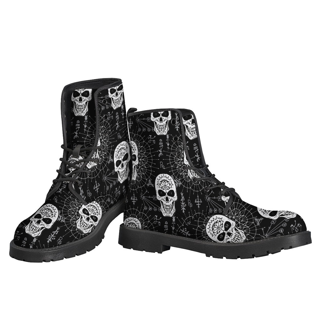 Black and White Wicca Evil Skull Print Leather Lightweight Boots: Embrace Your Inner Hippie Style - 3