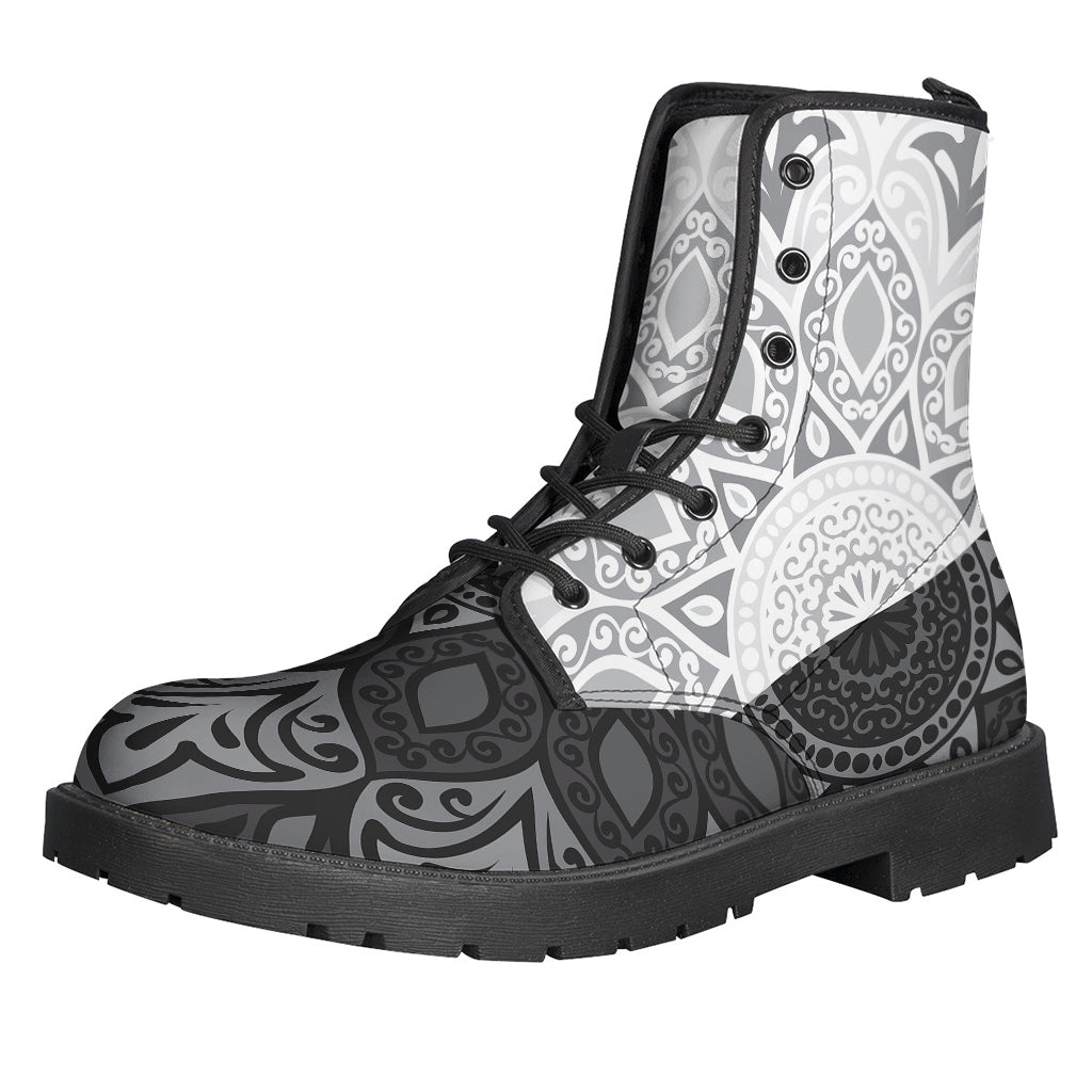 Boho Bliss: Black and White Yin Yang Mandala Print Leather Boots for Hippies - 1