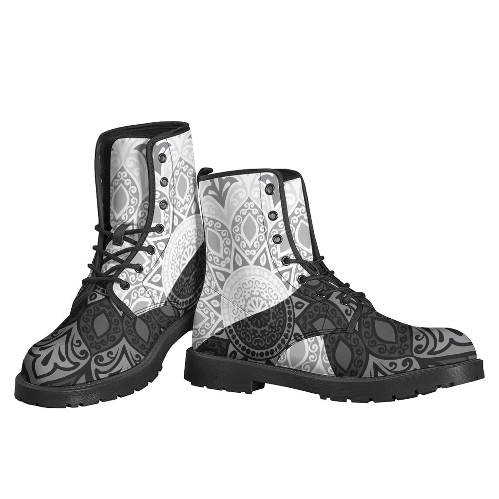 Boho Bliss: Black and White Yin Yang Mandala Print Leather Boots for Hippies - 3