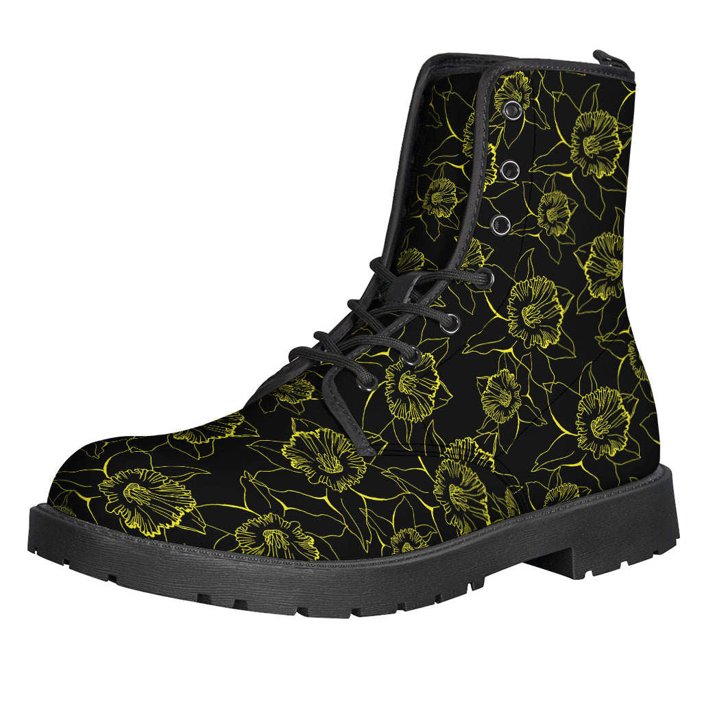 Groovy Black and Yellow Daffodil Pattern Leather Boots for Hippy Vibes - 1