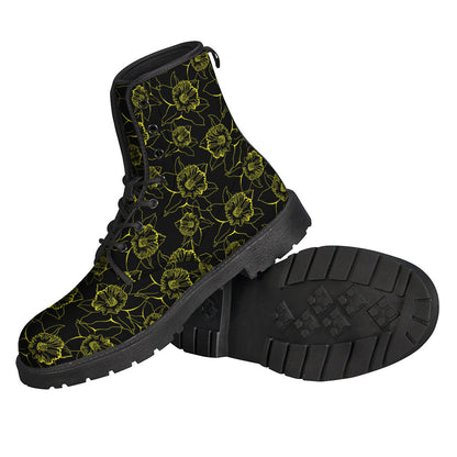 Groovy Black and Yellow Daffodil Pattern Leather Boots for Hippy Vibes - 2