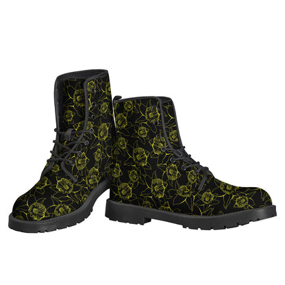 Groovy Black and Yellow Daffodil Pattern Leather Boots for Hippy Vibes - 3