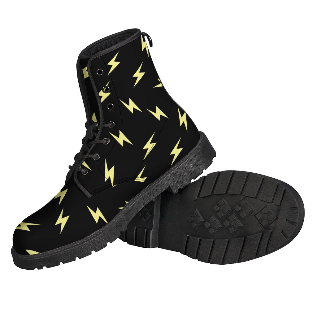 Electric Boho Vibes: Black and Yellow Lightning Pattern Leather Boots for Hippies - 2