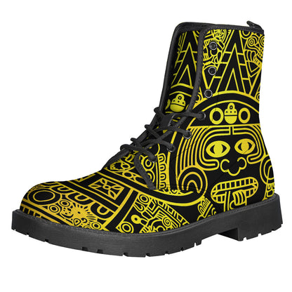 Black and Yellow Maya Calendar Print Leather Boots for the Free-Spirited Hippie Soul - 1