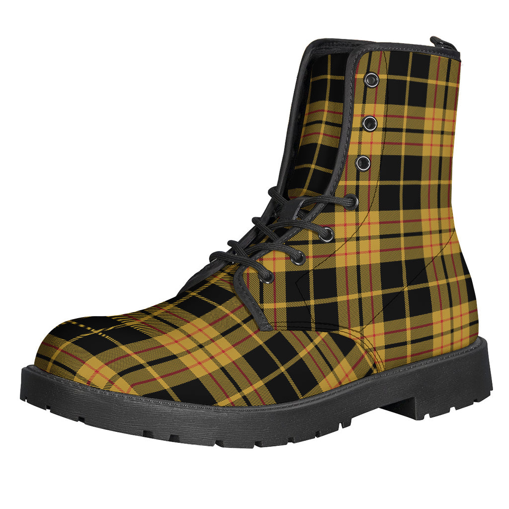 Groovy Black and Yellow Tartan Pattern Leather Boots for Free-Spirited Hippies - 1