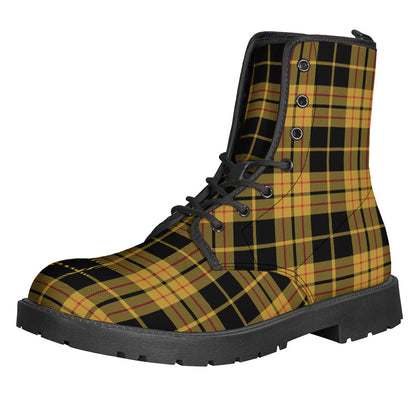 Groovy Black and Yellow Tartan Pattern Leather Boots for Free-Spirited Hippies - 1