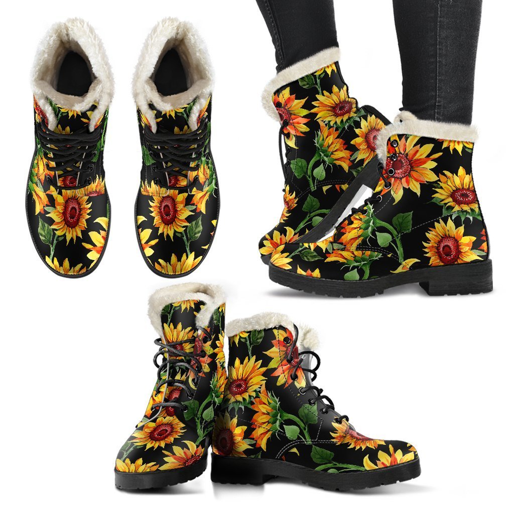 Boho Chic: Black Autumn Sunflower Pattern Faux Fur Leather Boots - 2